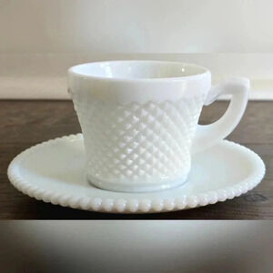 Vintage Westmoreland Milk Glass English Hobnail Cup & Beaded Edge Saucer